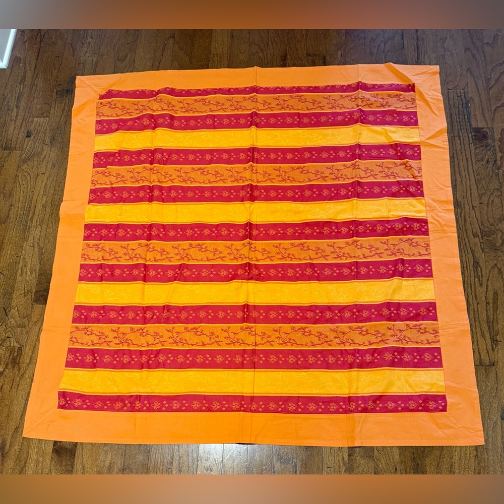Kiss That Frog Brand Vibrant Orange and Red Striped Vintage Table Cloth 55.5x57”